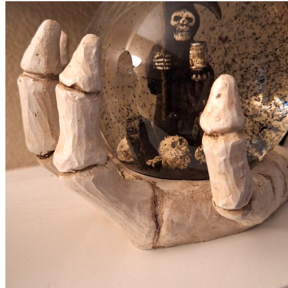 Angel of Death Grim Reaper Halloween Black Glitter Bats Skeleton Hand Snow Globe - Picture 3 of 5
